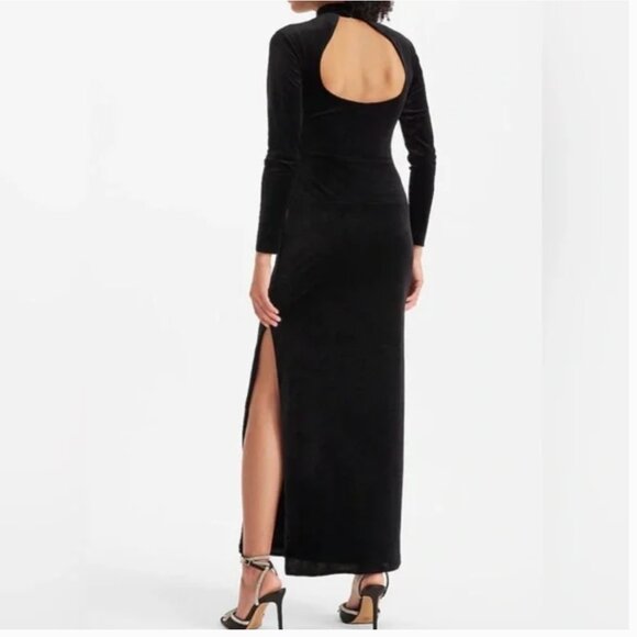 Express Maxi Dress Velvet Mock Long Sleeve Neck Side Slit Open Back Black New XL - Picture 3 of 5